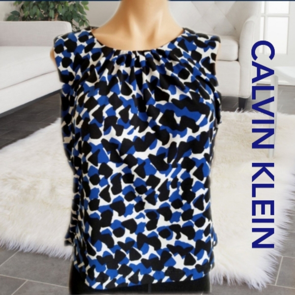 Calvin Klein Tops - Calvin Klein blue geometric sleeveless blouse Med
